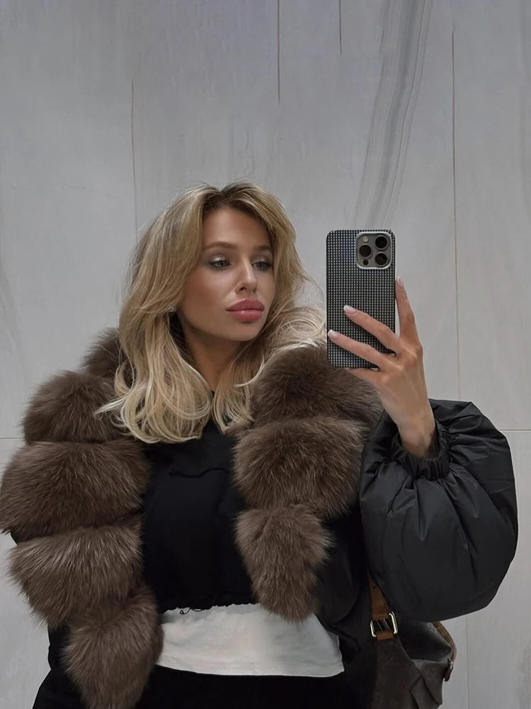 Luxury Thick Faux Fox Fur Collar Cropped Puffer Coat Women Oversized Lapel Zip Up Short Warm Windproof Winter Outerwear Jacket Pi-Mart