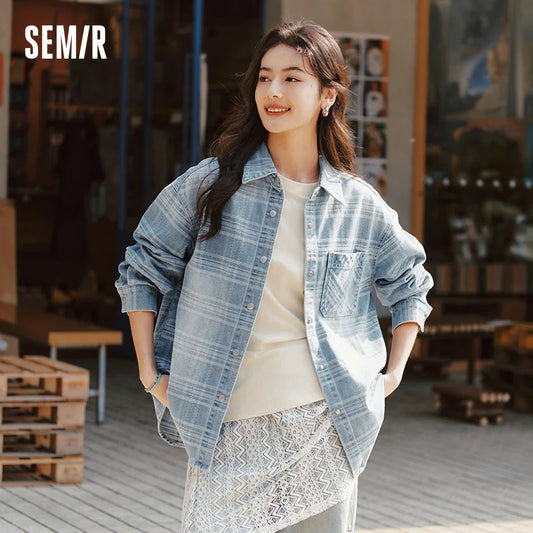Semir Denim Shirt Women Oversize Spring 2025 New Spring Checkered Blouse Plaid Jacket LadyShow.Store