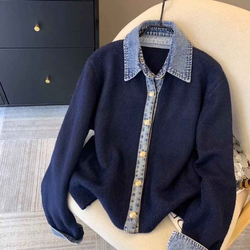 Chic Denim Collar Stitching Fake Two-piece Sweater Women's Cardigan New Single Breasted Knitted Jacket Coat Female Outwear LadyShow.Store