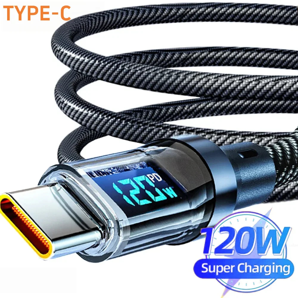 120W Super Fast Charging Cable Real-time Digital Display USB A to Type C Data Cable For iPhone Android Phones Universal Pi-Mart