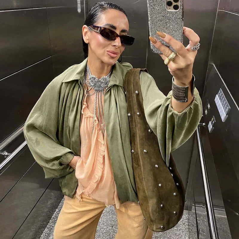 Women's Bomber Jacket Long Sleeve Pleats Street Wear With Zipper Green Beige Vintage Oversize Zip Up Casual Summer Jacket female LadyShow.Store