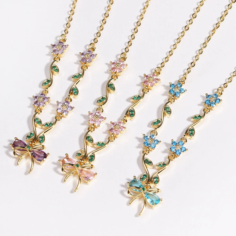 Summer New Fashion Exquisite Bow Leaf Flower Necklace For Women's Elegant Pink Zircon Chain Pendant Jewelry Gifts Pi-Mart