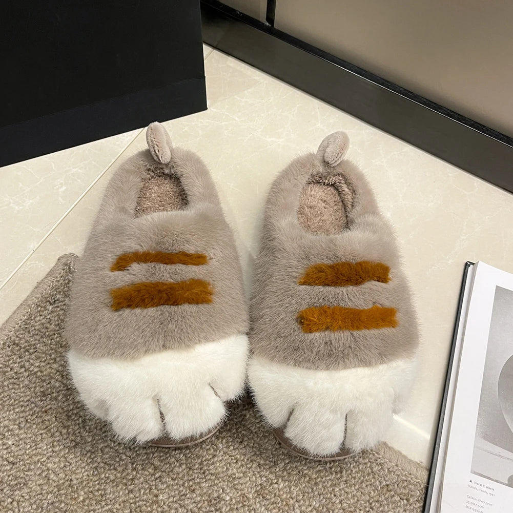 3D Cat Paw Plush Slippers Warm Slip-on House Shoes Anti Slip Flat Thermal Slippers Furry Paw Couple Slippers for Autumn Winter Pi-Mart