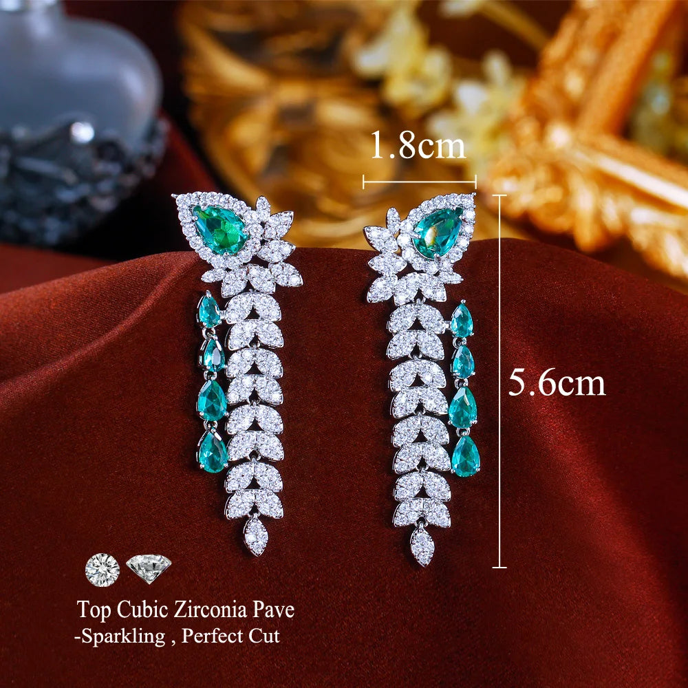 CWWZircons Dangling Leaf Drop Green Cubic Zirconia Luxury Long Earrings  for Women Beautiful Wedding Banquet Party Jewelry CZ959 Pi-Mart