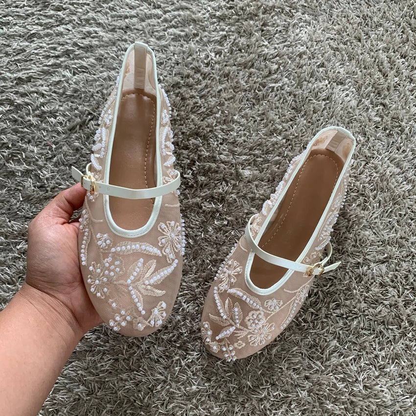 Mesh Embroidery String Bead Design Women Ballet Flats Fashion Buckle Breathable Mary Jane Shoe Comfort Low Heel Soft Flat Sandal Pi-Mart