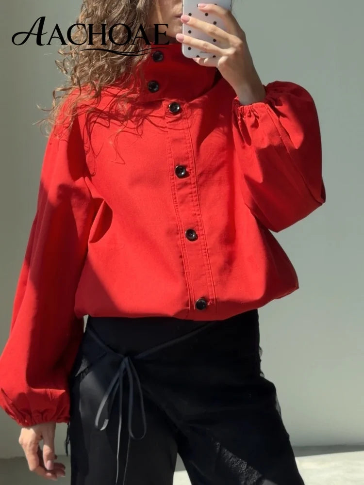 AACHOAE Women High Neck Lightweight Jacket Casual Long Sleeve Windbreaker Coat Drawstring Hem Button Front Short Outerwear Pi-Mart