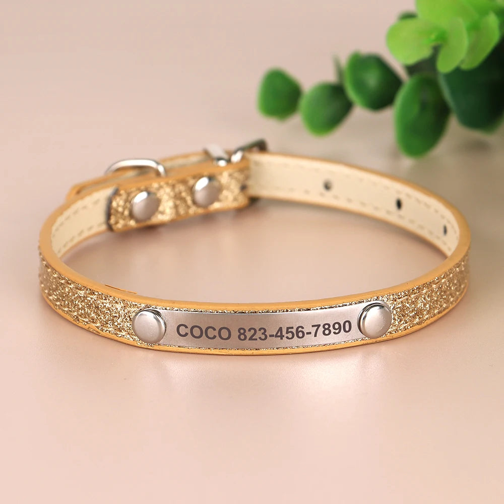 Personalized Cat Collar Custom Leather Cat Collars Free Engraved Puppy Kitten ID Necklace Bling Pet Collars for Small Dogs Cats Pi-Mart