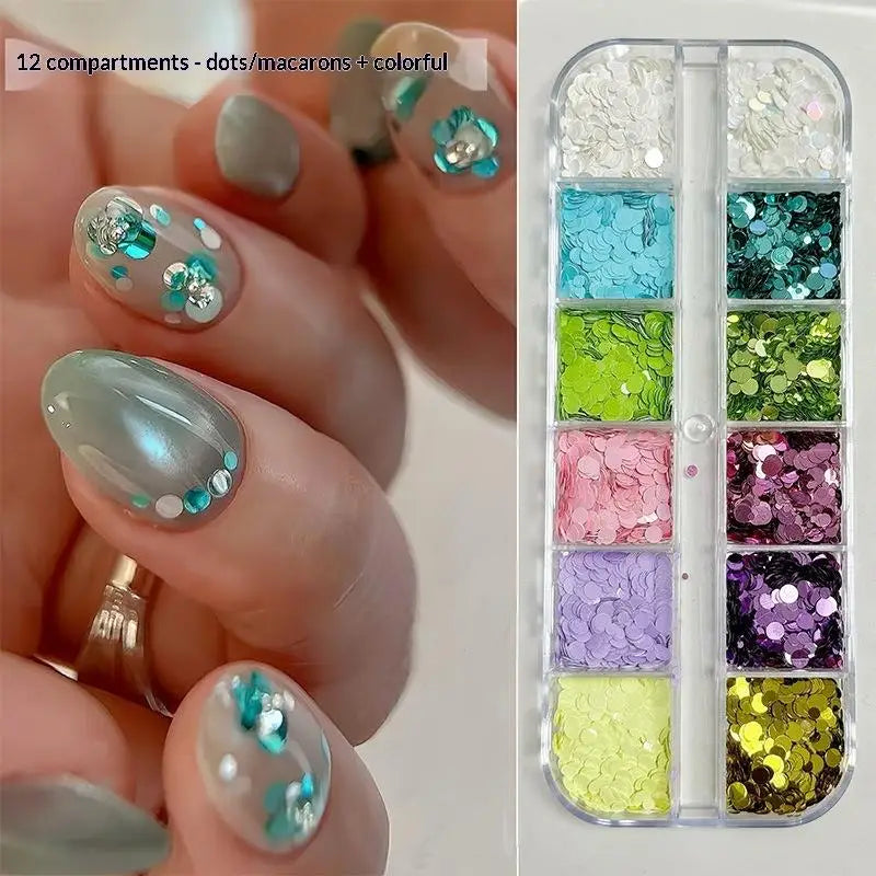 *12 Grids Mixed Mini Circular Colorful Nail Glitter Wave Point Sequin Sparkling Flower DIY Nail Decoration Nail Charms Pi-Mart