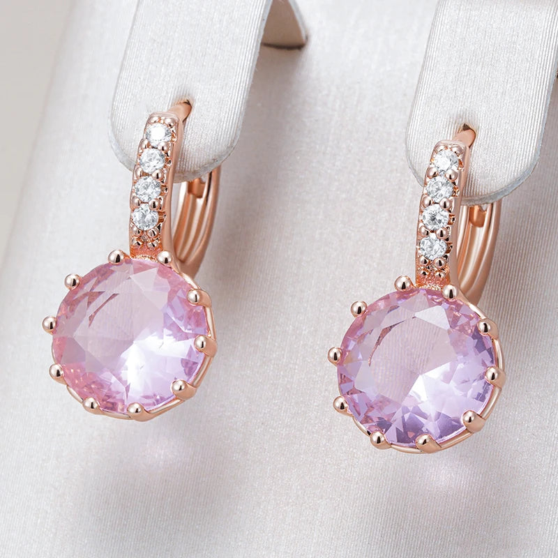 Kinel Hot Shiny Pink Natural Zircon Bride Drop Earrings for Women Fashion 585 Rose Gold Color High Quality Daily Fine Jewelry Pi-Mart