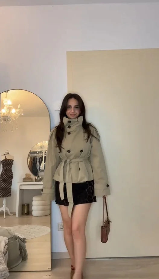 Belted Waist Cropped Trench Jackets Women Double Breasted Stand Collar Coats 2025 Autumn Chic Casual Vintage Jacket Women Cloth LadyShow.Store