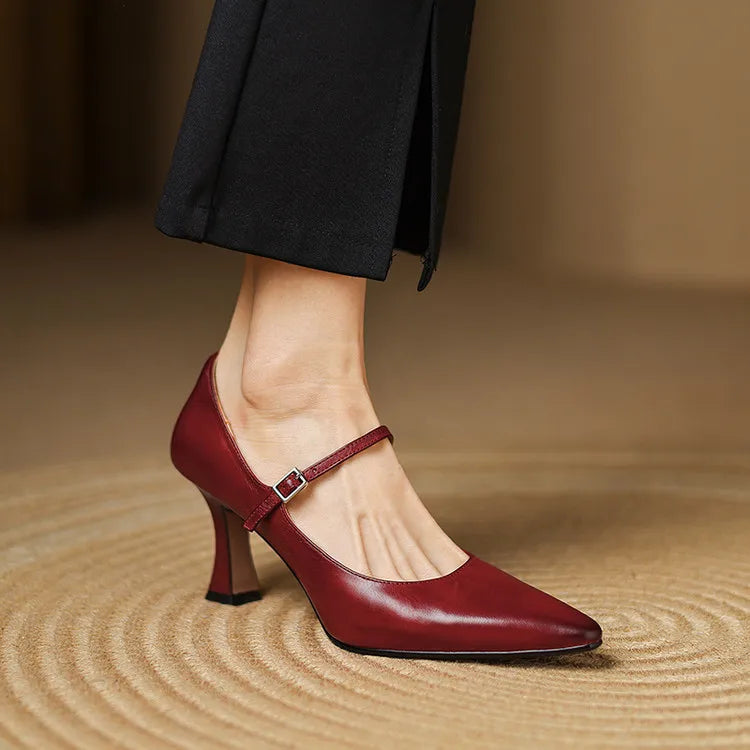 NEW Spring/Autumn Women Pumps Genuine Leather Shoes for Women Pointed Toe Thin Heel Shoes Shallow Buckle Strap Mary Janes Shoes Pi-Mart