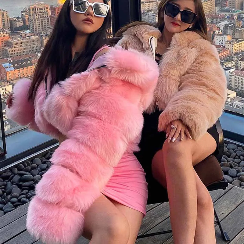 High Quality Furry Cropped Faux Fur Coats Jackets Women Fluffy Top With Hooded Winter Fur Jackets Fourrure Manteau Femme JH137 Pi-Mart
