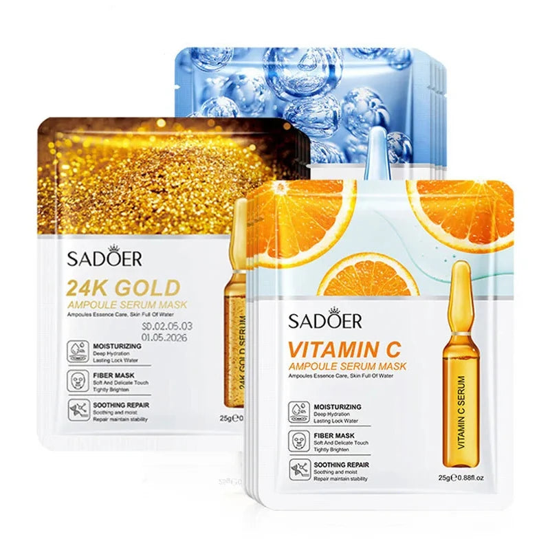10pcs SADOER 24K Gold Vitamin C Hyaluronic Acid Face Mask Facial Moisturizing Firming Hydrating Facial Masks Skin Care Products Pi-Mart