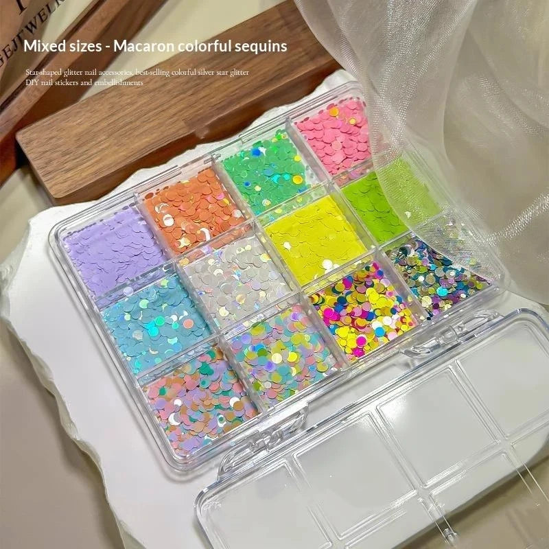 *12 Grids Mixed Mini Circular Colorful Nail Glitter Wave Point Sequin Sparkling Flower DIY Nail Decoration Nail Charms Pi-Mart