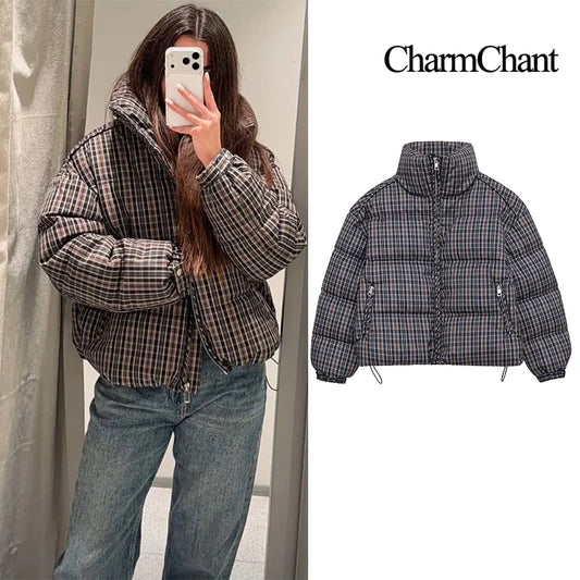 CharmChant Stand-Collar Plaid Puffer Jacket for Women Winter 2025 Padding Coat Female New in Coats Warm  Check Outerwears Parkas LadyShow.Store