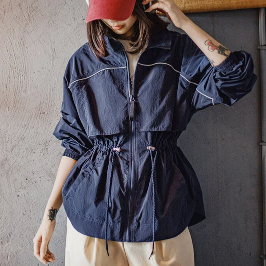 Maden Women's Lightweight Stand Collar Short Windbreaker Jacket Navy Blue Contrast Parka with Waist Cinching for Spring and Fall LadyShow.Store