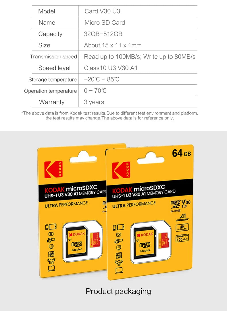 KODAK 128GB Micro SD Card U3 V30 256GB 64GB 32GB 4K High Speed TF Card for Phone Camera Drone Original TYPE-C Reader Pi-Mart