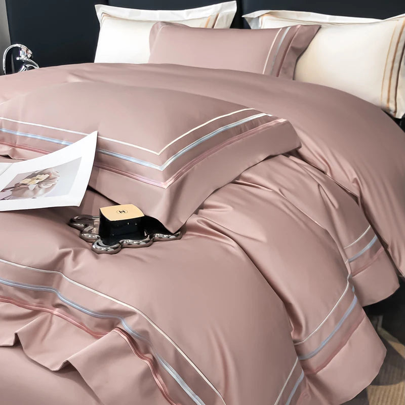 Hotel Style Bedding Set Luxury Golden Embroidery Duvet Cover Grey Egyptian Cotton Bed Sheets Pillowcases Solid Color Bedclothes Pi-Mart