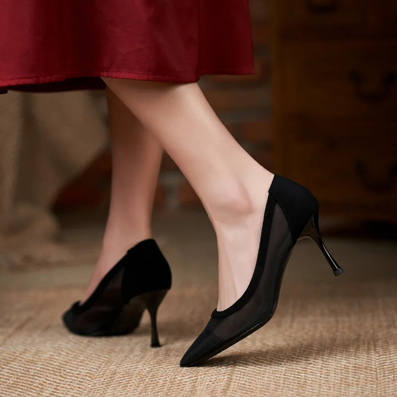 maogu Black Women Pointed Toe High Heel Work Shoes Dot Mesh Vintage Elegant Shallow Stiletto 2023 Spring Summer Thin Heels Pumps LadyShow.Store