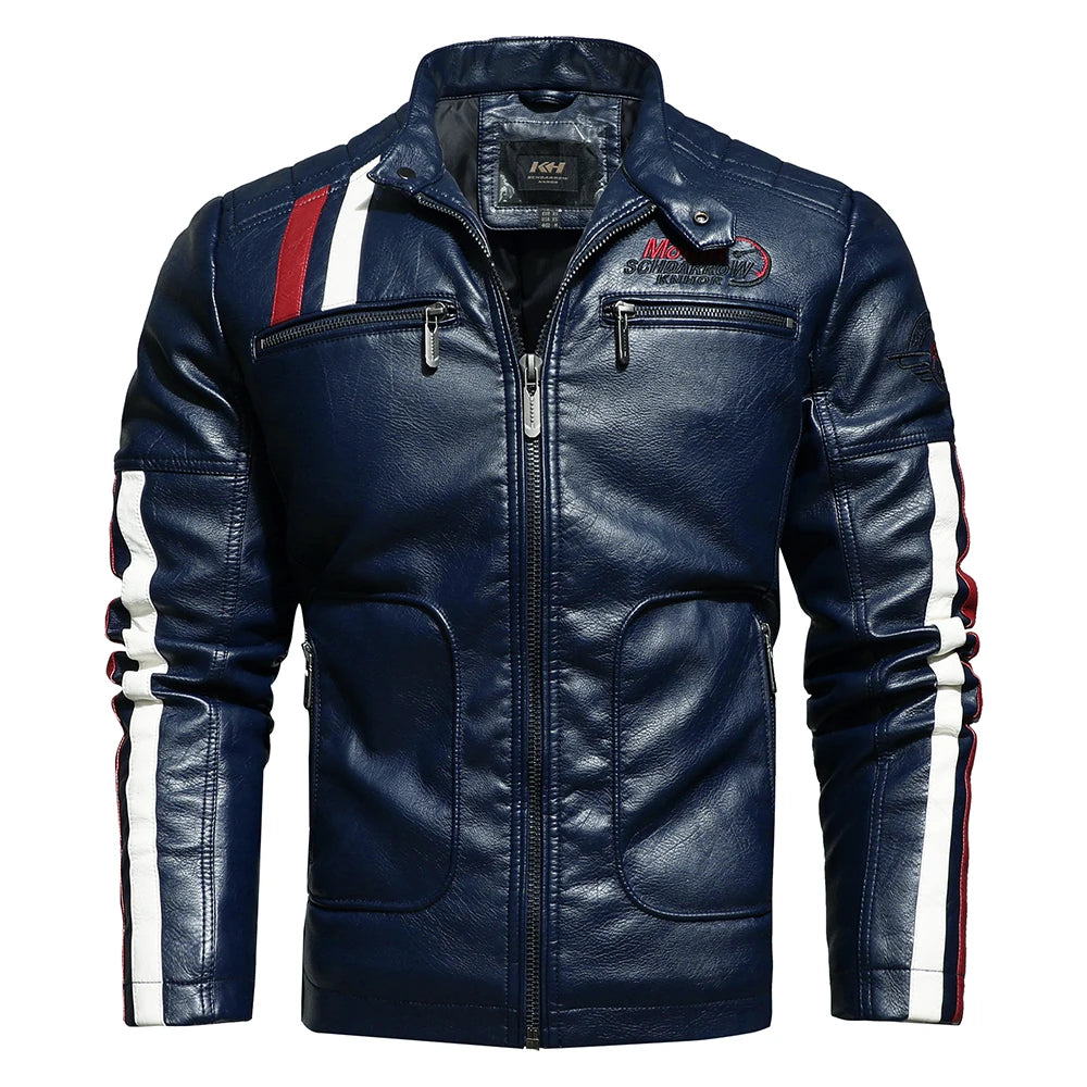 Mens Vintage Motorcycle Jacket 2024 Men Fashion New Biker Leather Jacket Male Embroidery Bomber Coat Winter Fleece Pu Overcoat Pi-Mart