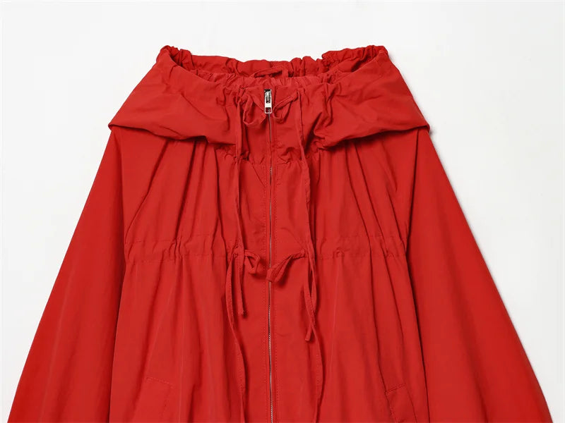 Women's Jacket 2026 Autumn New Red Long-Sleeve Drawstring Decorative Festive Hoodie Zipper Cardigan Casual Fashion Versatile Pi-Mart