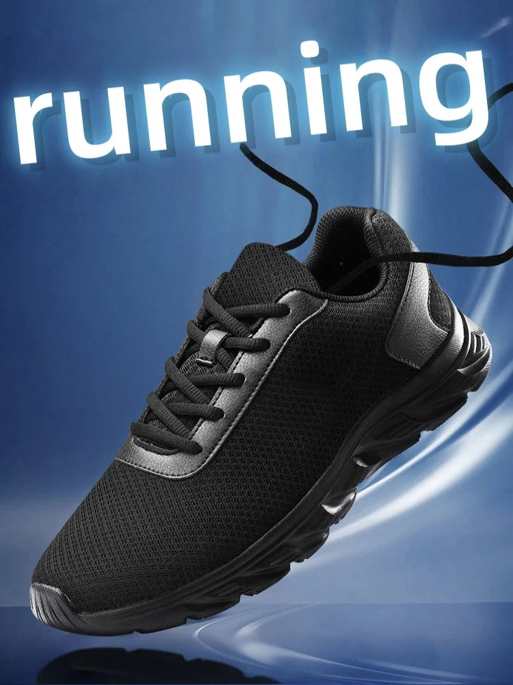 Men's Casual Sports Shoes Men's Black Mesh Breathable Running Shoes Soft Bottom Light Flat Bottom Work Shoes Pi-Mart
