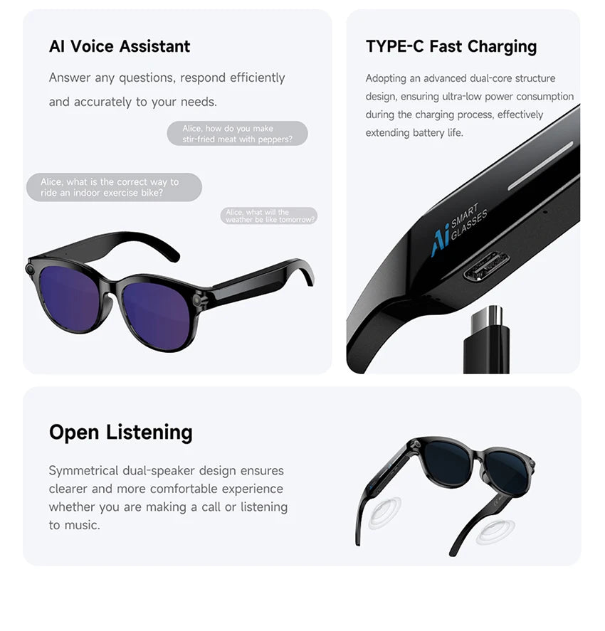 Lenovo 2026 New 8K AI Translation AI Smart Glasses Bluetooth Calling Music Player Camera Control Anti Blue Light Sunglasses Pi-Mart