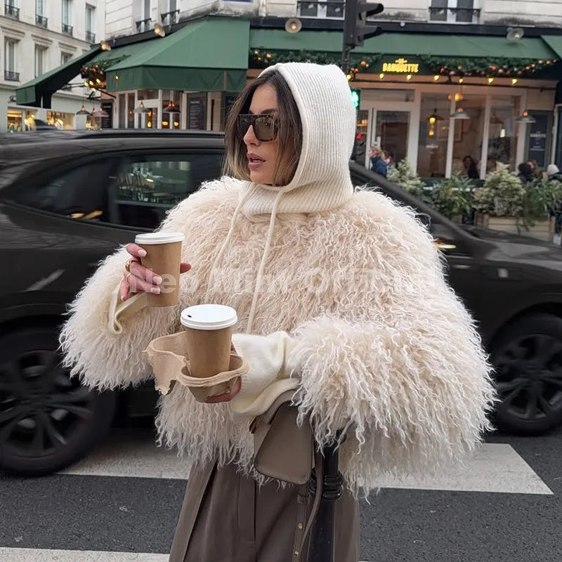 Neo Mint Chic Street Girls Round Neck Faux Mongolia Sheep Fur Coat Women 2025 Winter Fluffy Warm Fur Jacket Cropped Outerwear LadyShow.Store
