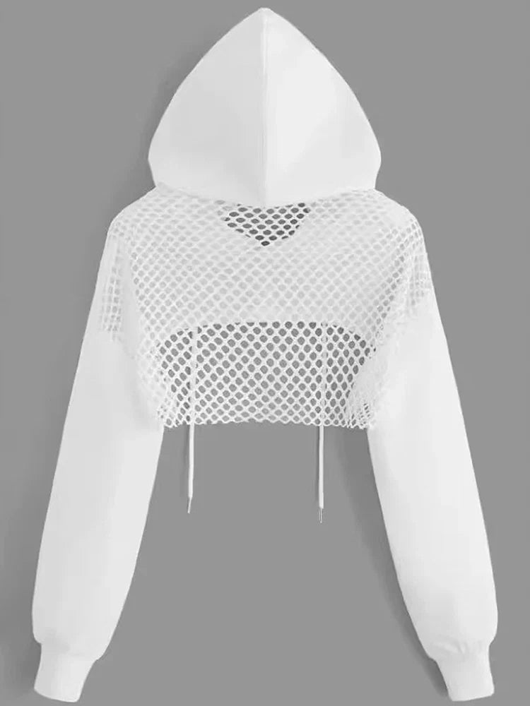 Street Sport Drop Shoulder Drawstring Hollow Out Super Crop Sports Hoodie Without Cami Top LadyShow.Store