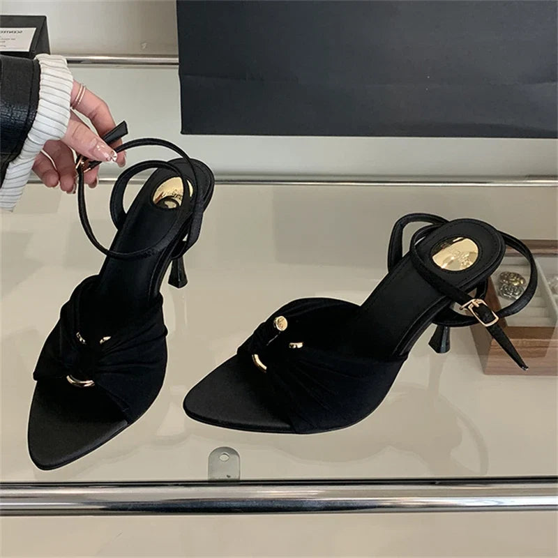Eilyken Summer Fashion Thin Heels Pleated Hollow Out Buckle Strap Women Sandals Pointed Toe Banquet Party Female Shoes  6CM 9CM LadyShow.Store