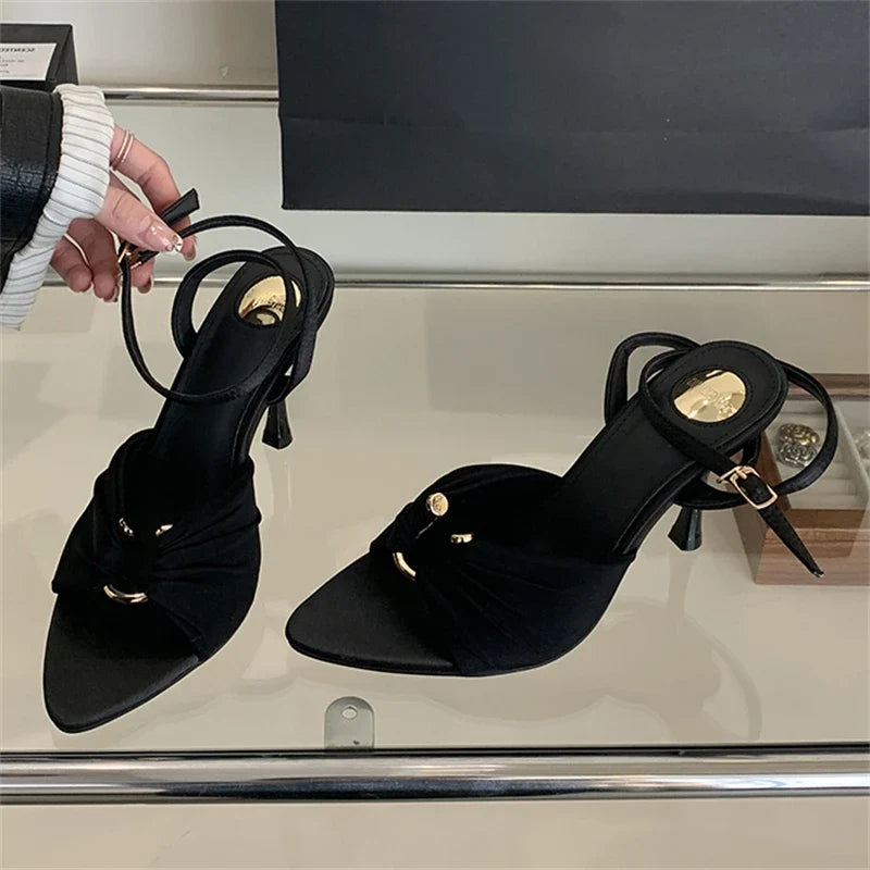 Eilyken Summer Fashion Thin Heels Pleated Hollow Out Buckle Strap Women Sandals Pointed Toe Banquet Party Female Shoes  6CM 9CM LadyShow.Store