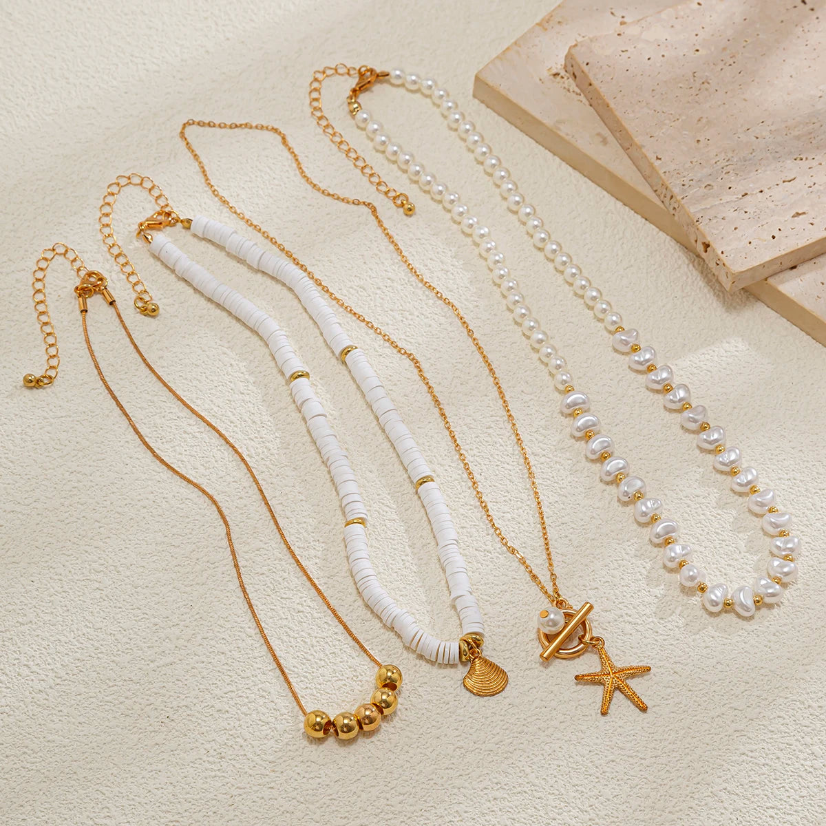 Ingemark 3Pcs/Set Bohemian Scallop Starfish Pendant Necklace for Women  Elegant Imitation Pearl Chain Jewelry Accessories Gift Pi-Mart
