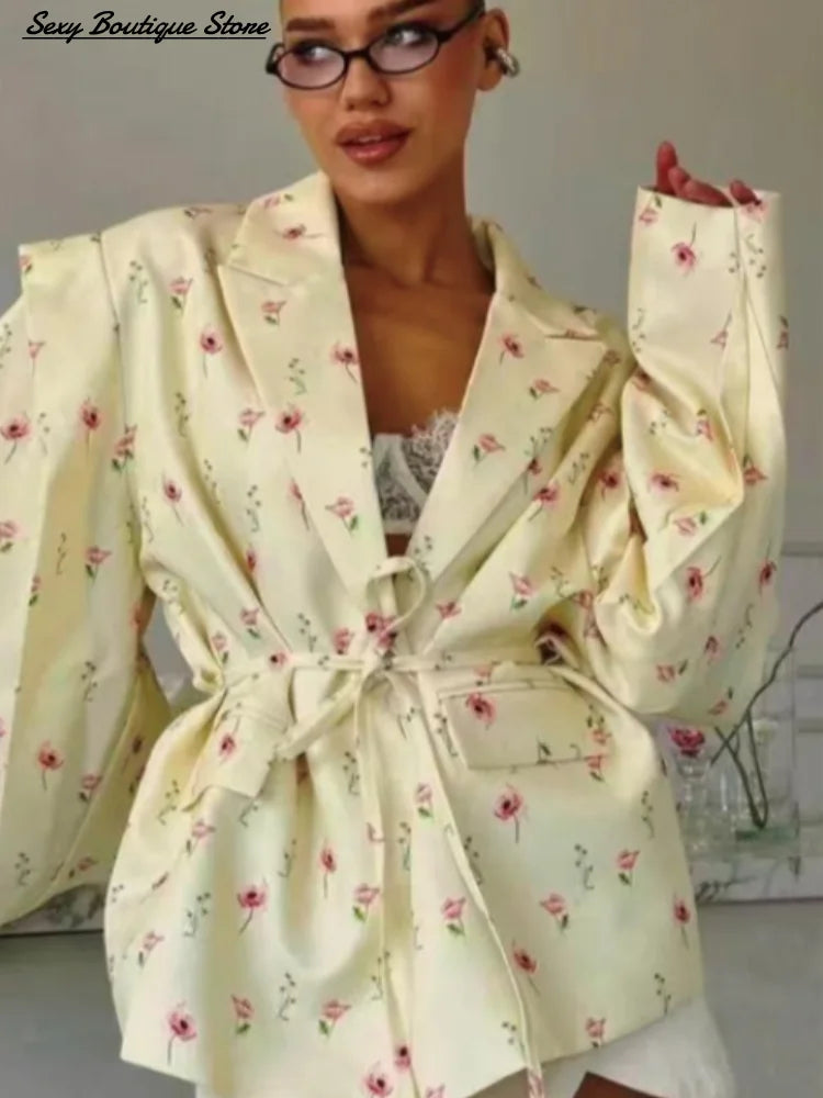 Chic Oversize Floral Printed Women Jacket Padded Lapel Lace Up Loose Coat Long Sleeve High Waist Outwears 2025 Lady Streetwear LadyShow.Store