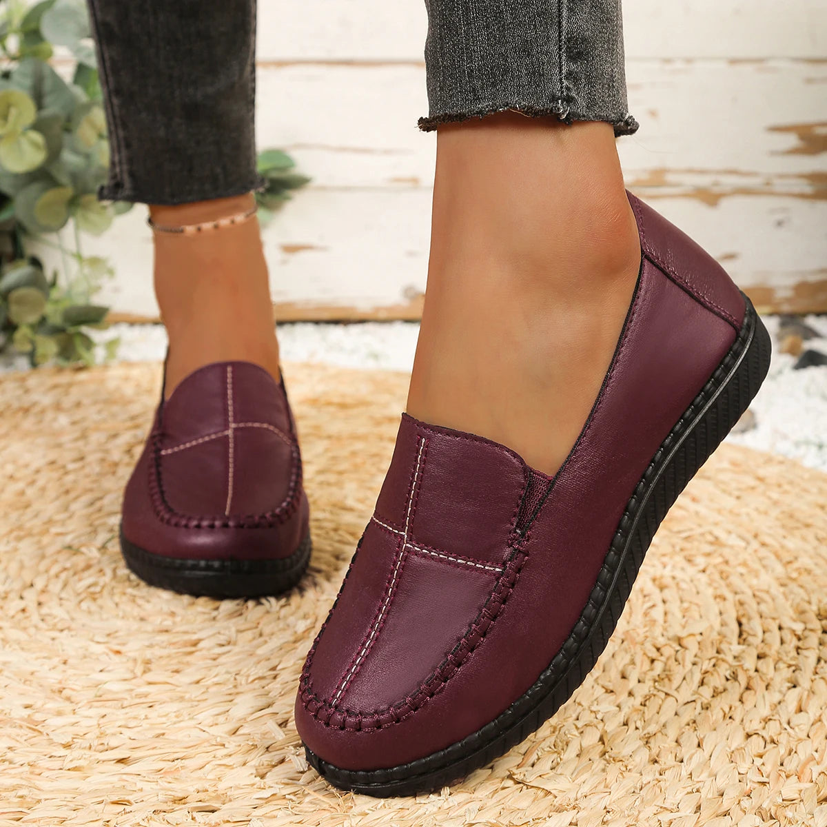 Women's Spring Autumn Leather Loafers Floral Embossed Slip‑On Flats Anti‑Slip Comfort Casual Mom Daily Walking Free Shipping Pi-Mart