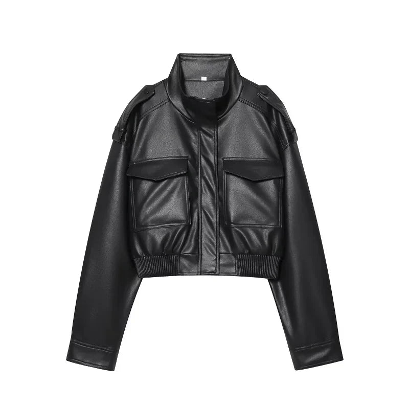 MUJER Faux Leather Cropped Jacket Women Bomber Demi-season Jackets for Women Long Sleeve Women's Coats Zip Overcoat Jacket Women LadyShow.Store
