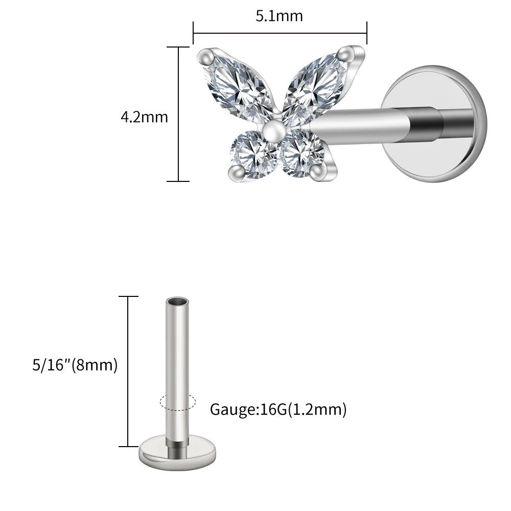 Right Grand ASTM F136 Titanium 16G Mini Butterfly CZ Labret Tragus Cartilage Conch Forward Helix Stud Nose Piercing Body Jewelry Pi-Mart