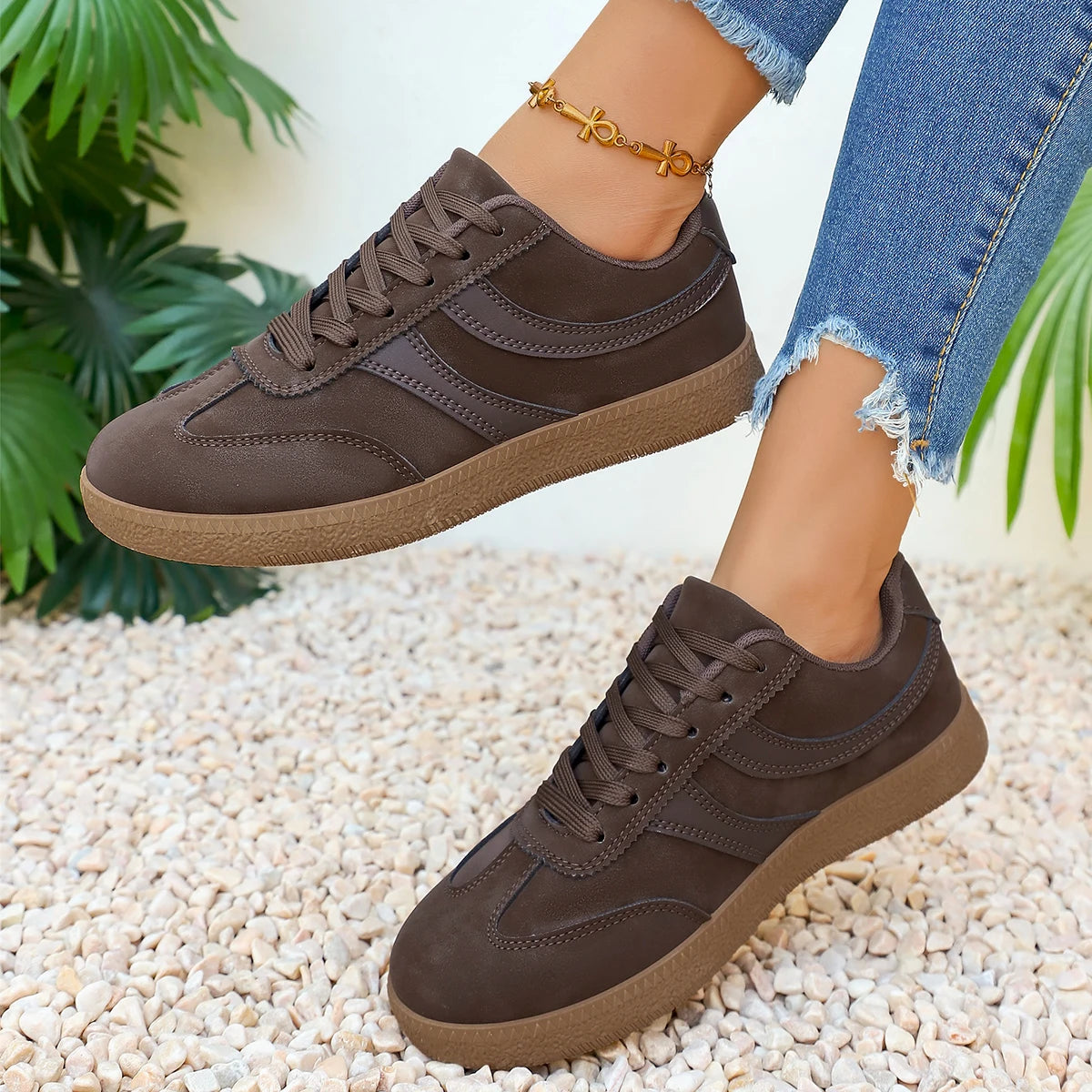 Retro Brown Platform Sneakers Women 2026 Flat Trend German Training Shoes Woman Plus Size 43 Non-slip Thick Sole Vulcanize Shoes Pi-Mart