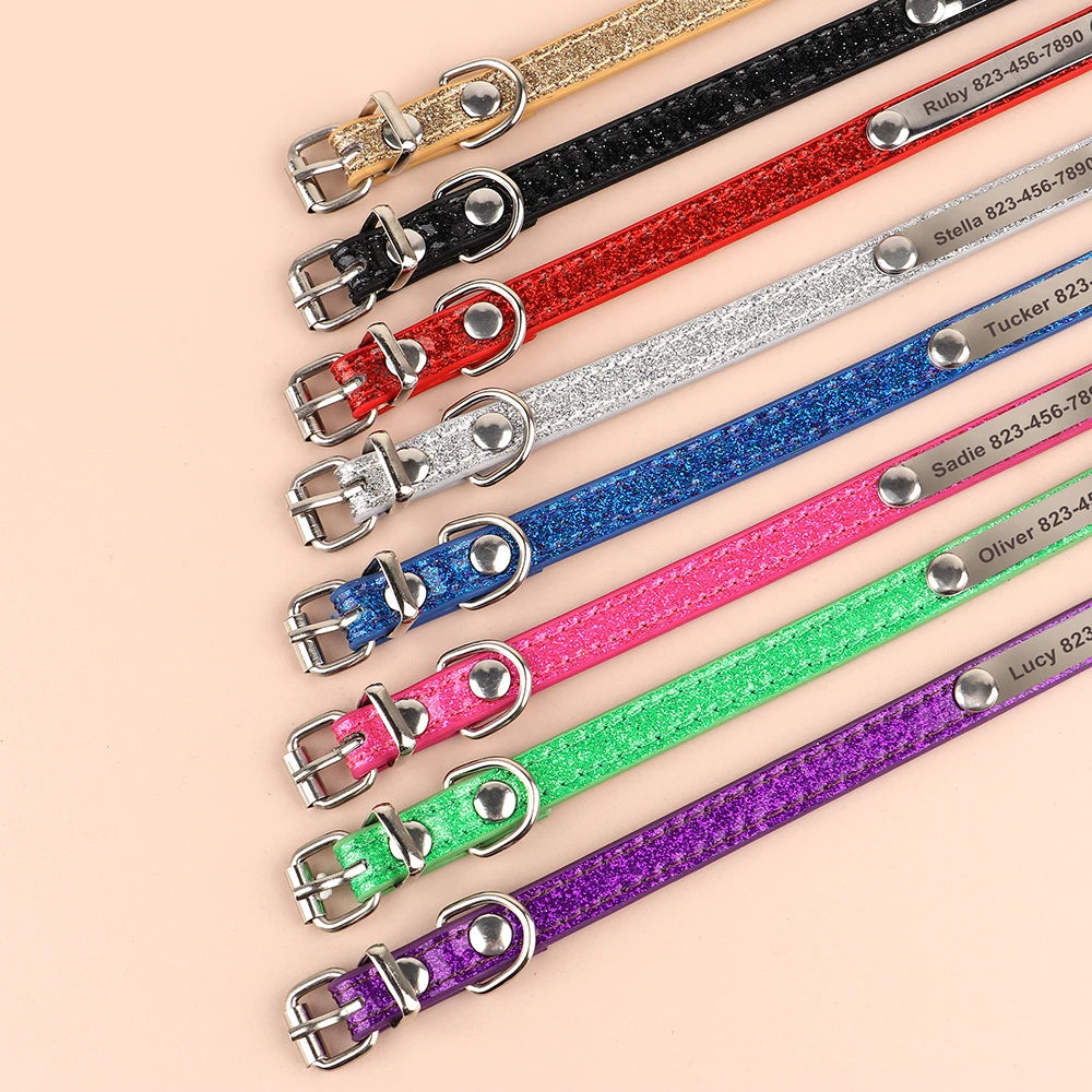 Personalized Cat Collar Custom Leather Cat Collars Free Engraved Puppy Kitten ID Necklace Bling Pet Collars for Small Dogs Cats Pi-Mart
