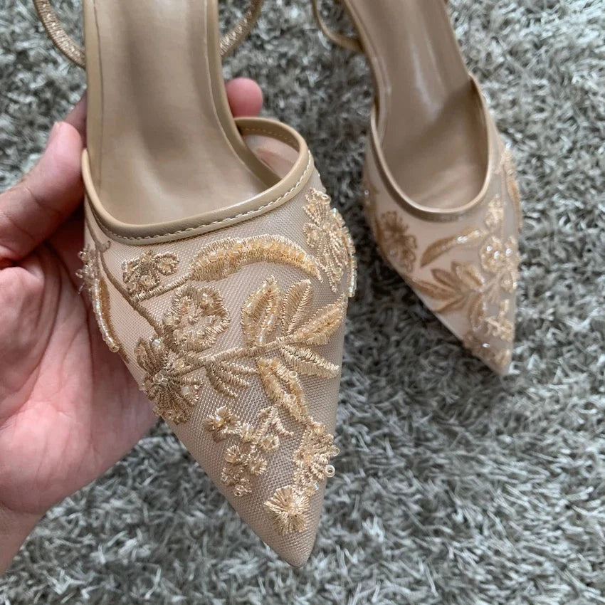 Mesh Embroidered Fashion Sandals Women String Bead High Heels Mules Shoes Pointed Toe Slingback Slippers Women Zapatos De Mujer LadyShow.Store