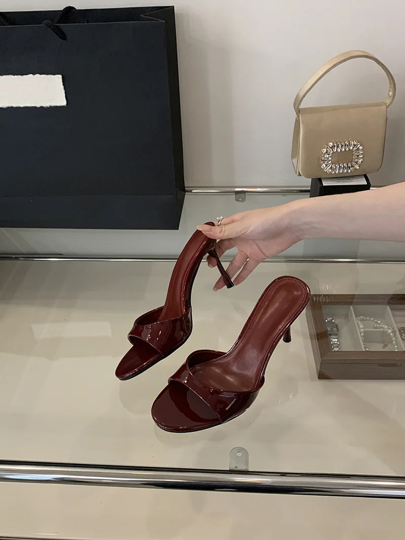 Liyke Wine Red Patent Leather Women Slippers Sandals Fashion Round Open Toe Thin High Heels Mules Slides Summer Party Dress Shoe Pi-Mart