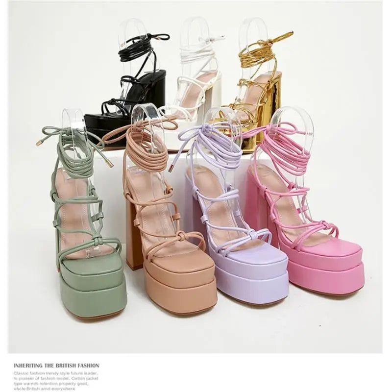 FF2025 New Fashion Solid Colored Cross-tied Heels Supper High Platform Dressing Sandals Peep-toe Square Heel Summer Footwear Pi-Mart