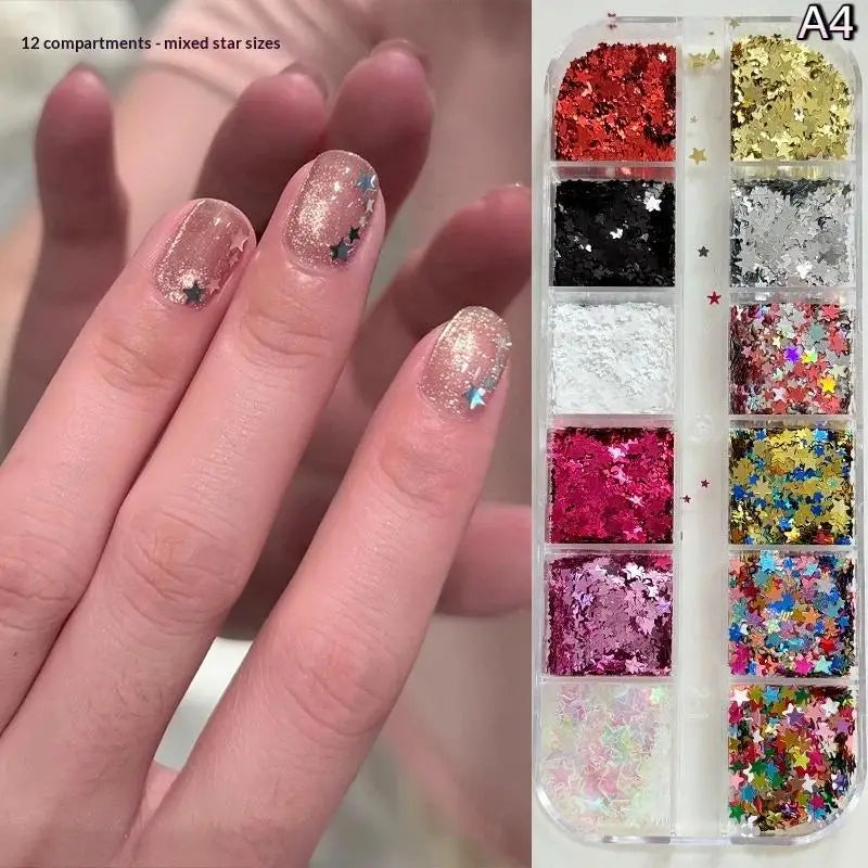 *12 Grids Mixed Mini Circular Colorful Nail Glitter Wave Point Sequin Sparkling Flower DIY Nail Decoration Nail Charms Pi-Mart
