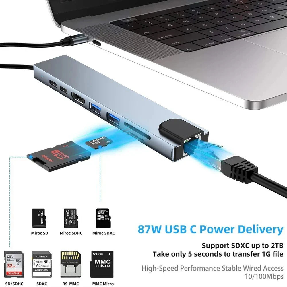 USB 3.0 Type C HUB USB C Docking Station to HDMI 4K 30HZ Type C to RJ45 100Mbps Ethernet Adapter VGA Extender Headphone PD 100W Pi-Mart