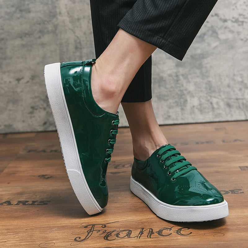 Spring Autumn Leather Shoes High Quality Patent Leather Casual Shoes Lace Up Sneakers Green Fashion Sole Designer Leather Shoes Pi-Mart