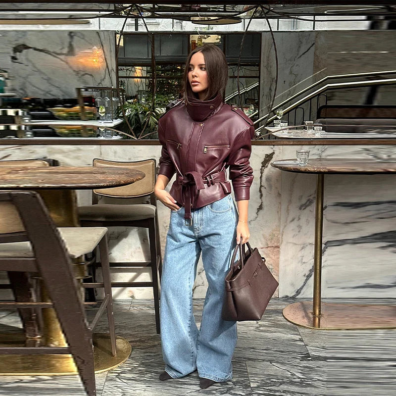 Vintage Fashion Elegant High Neck Leather Jacket 2025 New Exquisite Cinched Waist Short Coat High Street Faux Leather Clothes LadyShow.Store