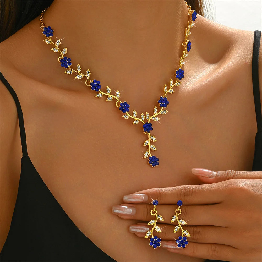 Sweet Jewelry Set Exquisite Rhinestone Pendant Banquet Party Women Fashion Romantic Crystal Necklace Earring Accessory Set Pi-Mart