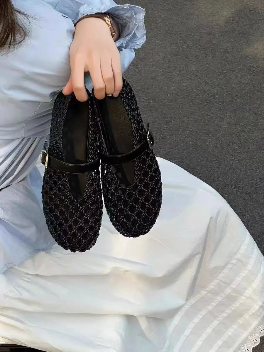 2026 Summer New Fashion Simple One-Buckle Vintage Flats for Women, Soft and Comfortable Ballet Shoes, Shallow Mouth Sandals Pi-Mart