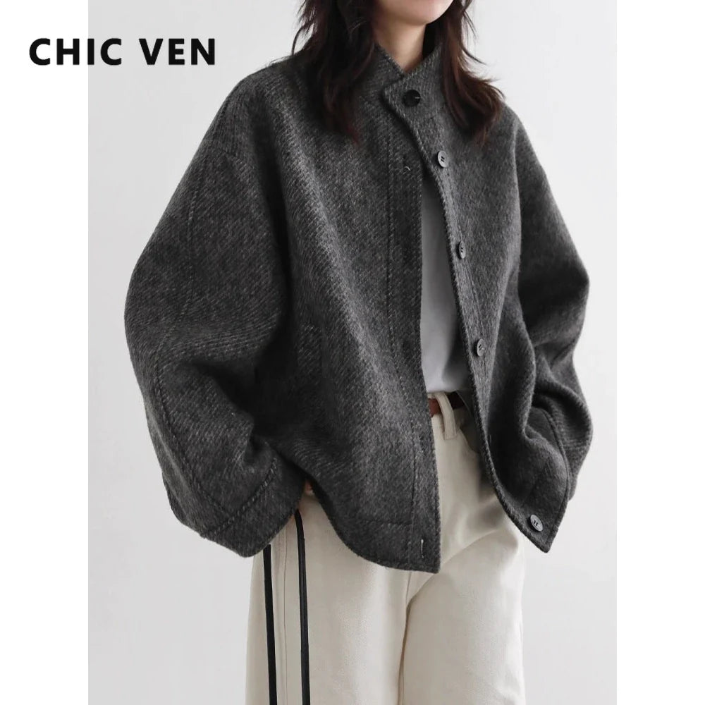 CHIC VEN Women Short Woolen Coat New Stand Up Twill Texture Single Breasted Ladies Jacket Retro Woman Outwear Autumn Winter 2025 LadyShow.Store