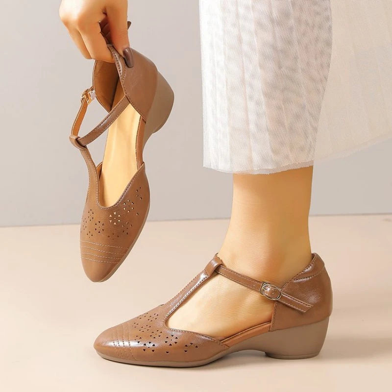 Women's Plus Size Retro Cutout Wedge Loafers, Adjustable T-Strap Breathable Pumps for Summer Daily & Commute Pi-Mart
