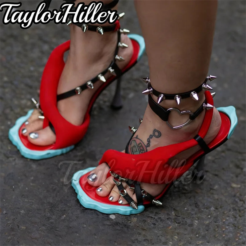 Punk Style Rivets Flower Heeled Sandals Open Toe Mixed Color High Heels Women Luxury Designer Summer Spike Heel Shoes Y2K Shoe LadyShow.Store